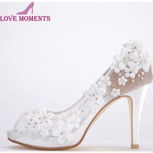 Beautiful White Lace Bridal Wedding Dress Shoes Peep Toe Comfortable 4 Inches High Heel Formal Dress Shoes Party Prom Pumps