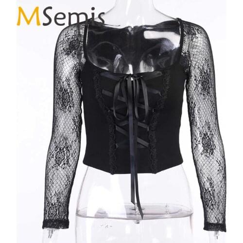 Lace Patchwork Gothic T-shirts Grunge Bandage Front Black Long Sleeve Crop Tops Women Bodycon Fashion Streetwear Clubwear 2021