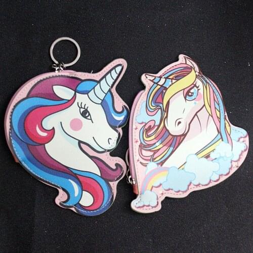 M088 Cartoon Coin Purses For Women Rainbow Unicorn Horse Animal PU Leather Wallet Card Bag Key Buckle Bag Wholesale