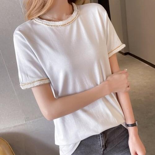 Fashion summer top T-shirt ladies T-shirt new summer O-neck stitching ribbon simple cotton short-sleeved T-shirt