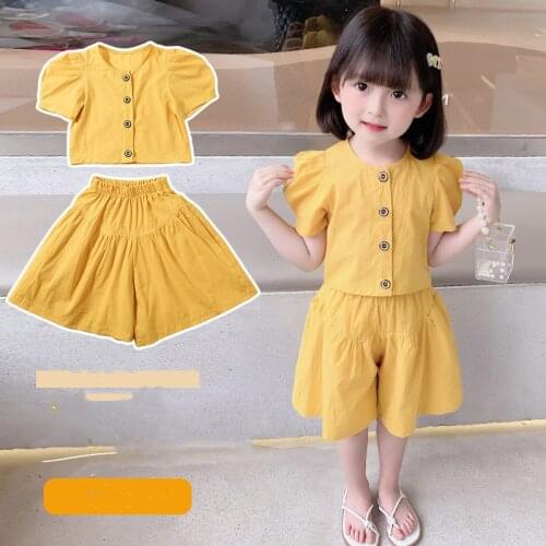 Fashion Girl Clothes Suit Summer New Sweet Children Bubble Sleeve Blouse Wide Leg Pants 2 Pcs Outfits 2-6 Years Old Kids Costume