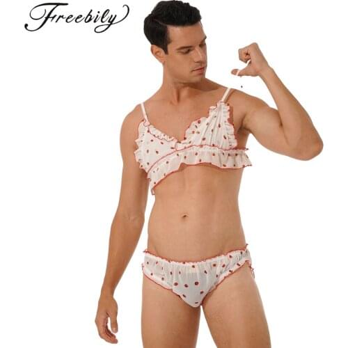 Men Ruffled Frilly Lingerie Gay Male Sissy Strawberry Print Nightwear Sleepwear Set Soft Strappy Bikini Bra Top + Briefs Panties