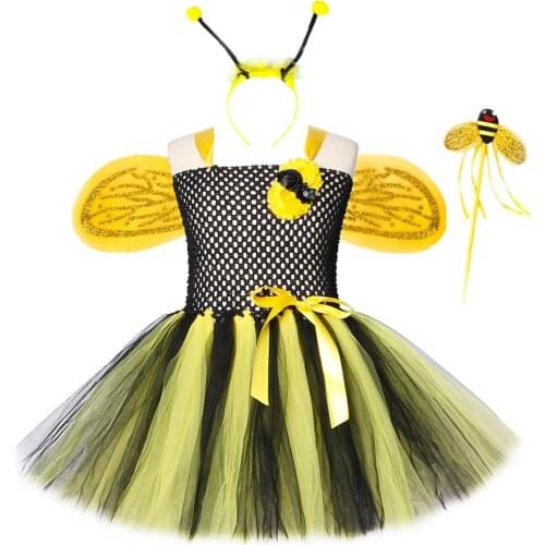 1 Set Bee Girls Tutu Dress Yellow Black Honeybee Fairy Costume Dress Outfit Kids Girls Halloween Masquerade Party Fancy Dresses