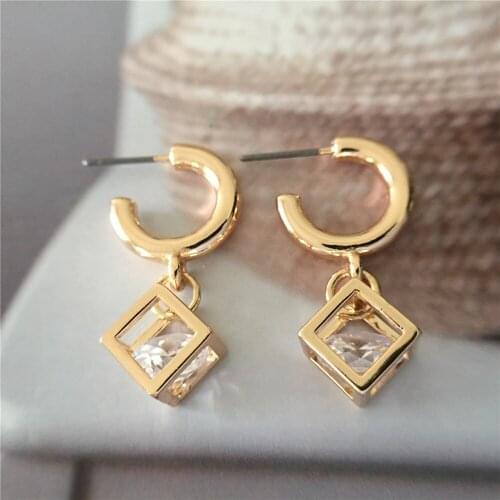 Classic Gold Color Plating CZ Stone Inside Geometric Charm Hoop Earrings For Women Girl Office Lady Dinner Party Shiny Jewelry