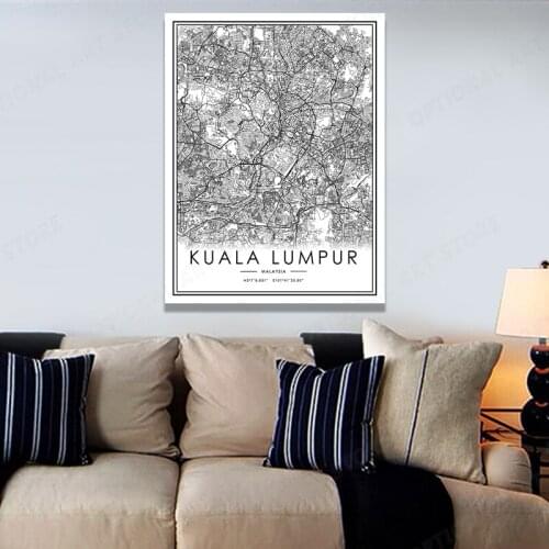 Modern KUALA LUMPUR City Black White Map Travel Poster Line Art Canvas Painting Print Living Room Home Decoration