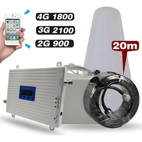 Gain 65dB Tri Band Repeater GSM 900+DCS/LTE 1800+WCDMA UMTS 2100 Mobile Signal Booster 2G 3G 4G Cellular Amplifier 20m Cable Set