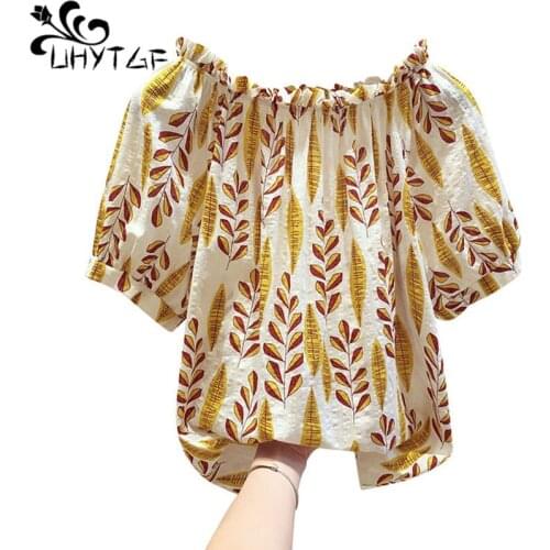 UHYTGF Fashion Chiffon Summer Shirt Women Sexy Off Shoulder Short Sleeve Print Plus Size Tops Pullover Loose Casual Blouse 1497
