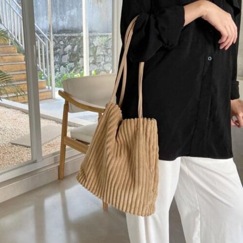 Retro Corduroy Pleated Shopping Shoulder Bag for Women 2021 New Ladies Cotton Cloth Bucket Bags Trendy Magnetic Totes Handbags