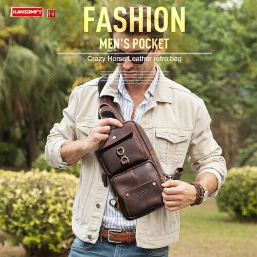 Vintage Crazy Horse Leather Mens Chest Bag Cowhide Large Capacity Male Shoulder Messenger Bag Multifunctional Crossbody Bags