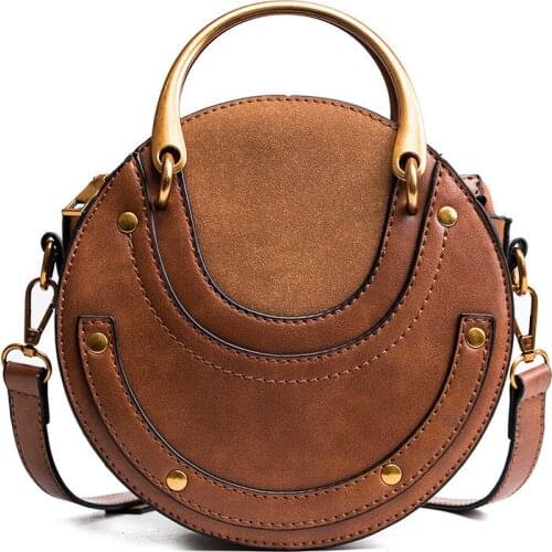 Women Round Totes Bag Leather Retro Handbag for Girl Small Lady Shoulder Messenger Bags with Metal Ring