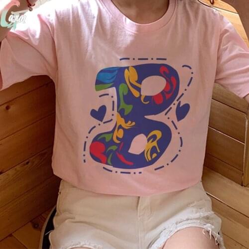 A B C English Graphic Alphabet Print Woman Tshirts 2021 Summer Pink Femme Tie Dye Letter T-shirts Harajuku Casual T Shirts Tops