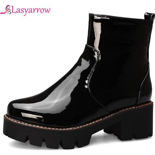 Lasyarrow Fashion Patent Yellow Purple Block High Heels Boots Date Party Womens Shoes Gothic Platform Ankle Boot Winter Big Size