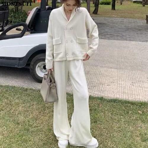 Korean Chic Two Piece Pants Set Women Double-breasted Cardigan + Wide Leg Pants Tracksuit Fashion Stylish Ladies 2 Piece Set