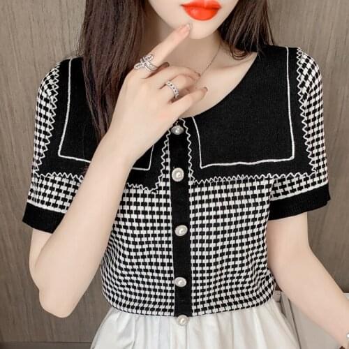 2021 fall summer short-sleeved peter pan collar knit sweater pullover girls crop tops women buttons plaid sweater jumper