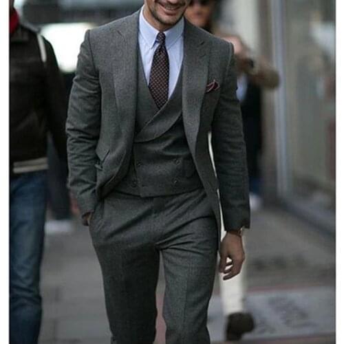 Gray Tweed Wool Men Suits for Wedding Peaked Lapel 3 Piece Custom Groom Tuxedos Set Jacket Vest with Pants 2020 Fashion