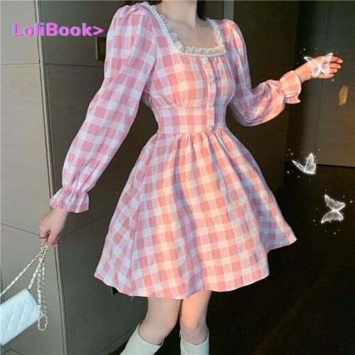 Lolibook Square Collar Lace Pink Plaid Beading Dress Flare Sleeve Cute Kawaii Feminine Dress Japanese Women Mini Lolita Dress