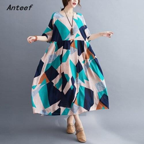 Short sleeve cotton linen vintage print dress for women casual loose long woman summer dress elegant clothes 2021