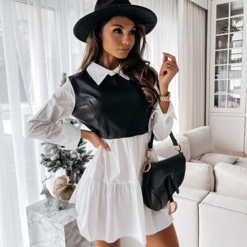 Women Color Block A-line Dress Adults High Waisted Long Sleeve Turn-down Collar