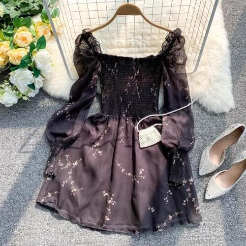 2019 spring autumn new womens chic slash neck flower print puff sleeve A-line dress female elegant waist chiffon fairy dresses