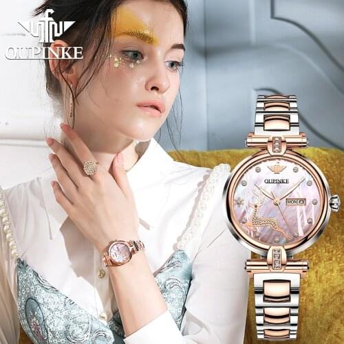 OUPINKE 3D deer texture Automatic watches for Women Mechanical Classic Sapphire Crystal Stianless steel ladies watch gifts