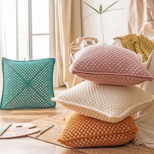 Handmade Cushion Cover 42x42cm Crochet Vintage Solid Yellow Pink Green Cream Pillow Case for Home Decoration