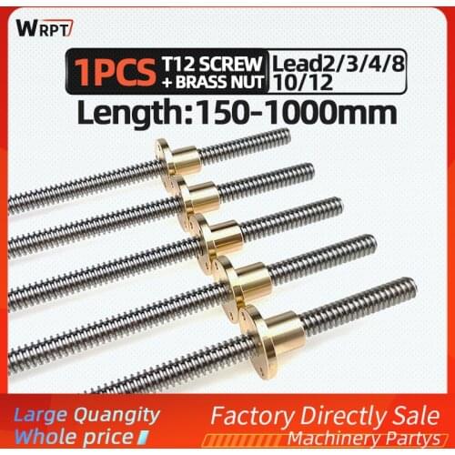 CNC 3D printer 1PCS T12 trapezoidal rod lead screw thread 12mm lead 2/ 3/ 4 / 8 / 10 / 12 mm with brass nut, L=150MM-1000MM