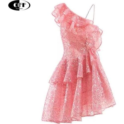 Designer Sexy Elegant Mini Dress Runway Pink Ruffles Party Evening Formal Gowns Sequins Off-the-shoulder Women Dresses Vestidos
