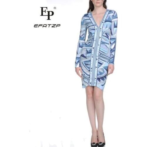 EFATZP Womens European Fashion V-neck Elastic SILK JERSEY knitting beautiful Geometric Print Dress