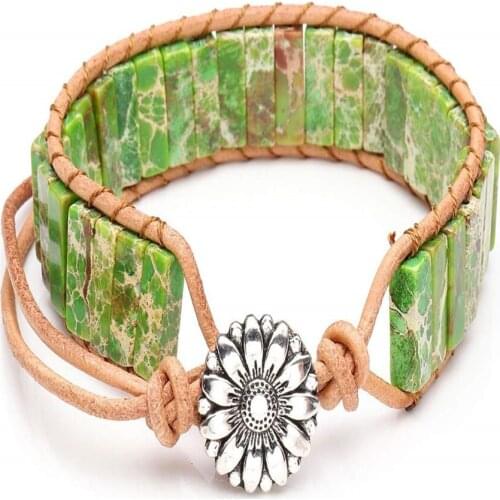 FYJS Unique Silver Plated Flower with Stackable Turquoises Stone Bracelet Bohemian Style Jewelry