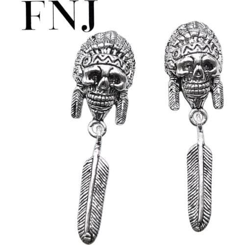 FNJ Skull Feather Earrings 925 Silver Original Pure S925 Sterling Silver Drop Earring for Women Jewelry Vintage