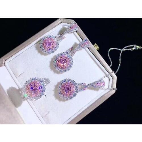 Luxury Jewelry Sets CZ Emerald Pink Stone Earrings for Women 925 Sterling Silver Fashion Bling Yellow Rings Necklace Jewelry