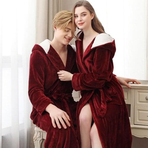Hooded Lengthen Bath Rob For Couples Thicken Coral Fleece Sleepwear Plus Size Mens Bathrobe Winter Warm Flannel Dressing Gown