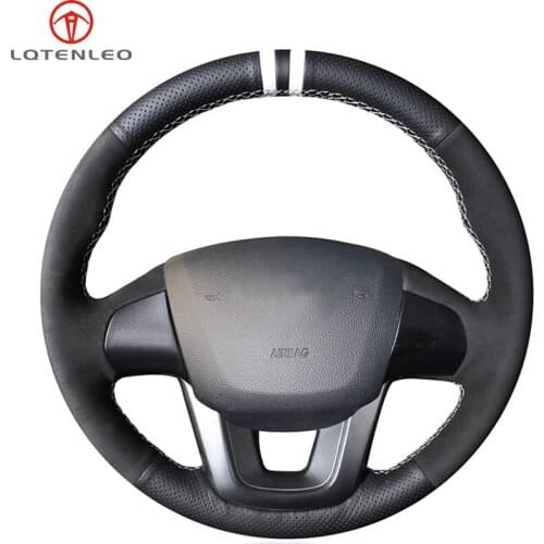 LQTENLEO Black Genuine Leather Suede Car Steering Wheel Cover For Kia K2 2010-2016 Kia Rio 2011 2012 2013 2014 2015 2016