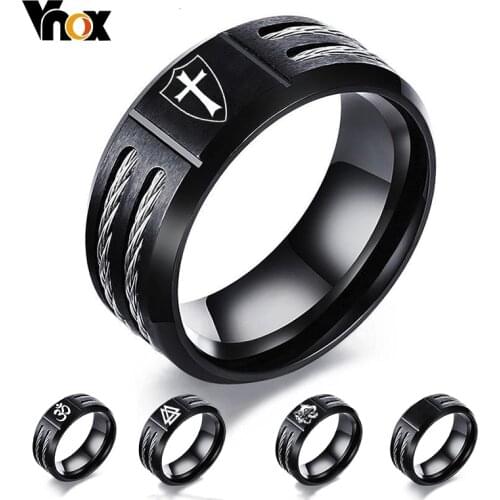 Vnox Personalize Wia Ring for Men Stainless Steel Cross Knights Templar Shield Oum Wild Wold Ring Custom Gift for Him