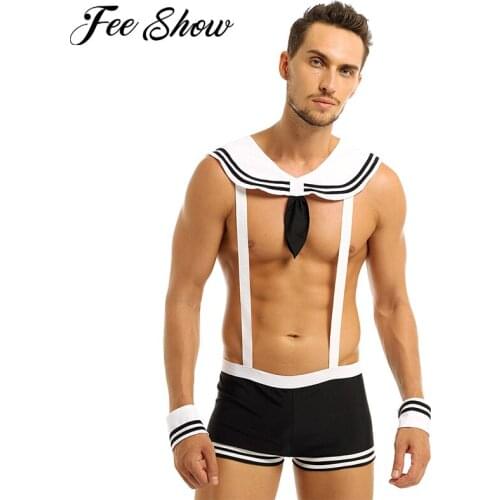 Mens Sailor Sexy Cosplay Costume Uniform Underwear Party Rave Outfits Clubwear Elastic Suspenders Boxer with Collar and Cuffs
