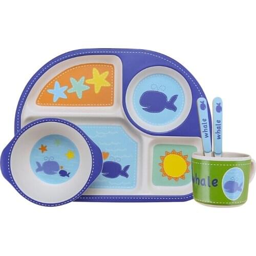 5 Pcs Bamboo Fiber Kids Tableware Set Sections Dinner Plate+Bowl+Spoon+Fork+Water Cup Kit