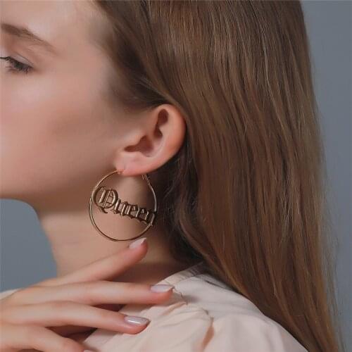 Boho Simple Geometric Dangle Earrings for Women Female Big Circle QUEEN Hoop Ear Jewelry Punk Accessories