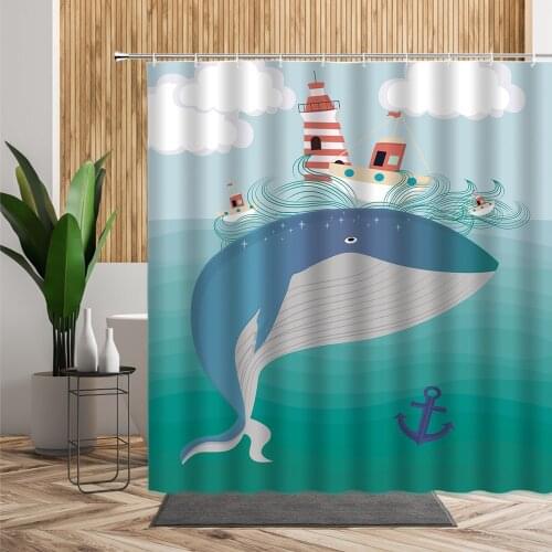 Modern Animation Pattern Bathroom Shower Curtain Cartoon Whale Watch Tower Ship Anchor Creative Home Decor 3D Kids Bath Curtains