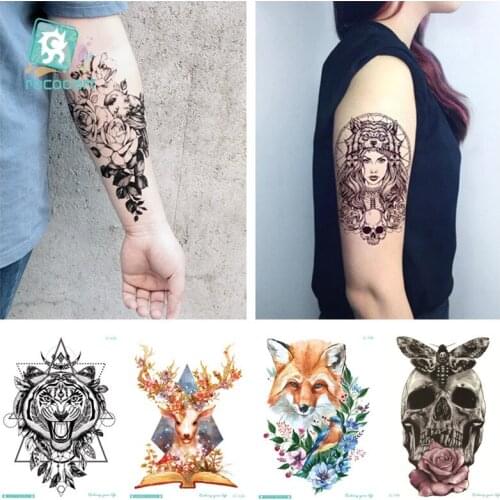 6Pcs Waterproof Body Tattoo Sticker Skeleton Deer Wolf Temporary Tattoos Skull Totem Waterproof Tatoos for Men 21*15CM