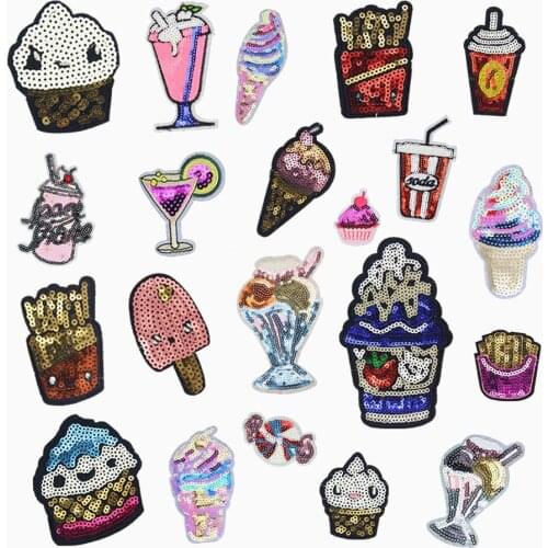 Fabric Embroidered Ice Cream Sequins Patch Cap Clothes Stickers Bag Sew Iron On Applique DIY Apparel Sewing Clothing Accessories
