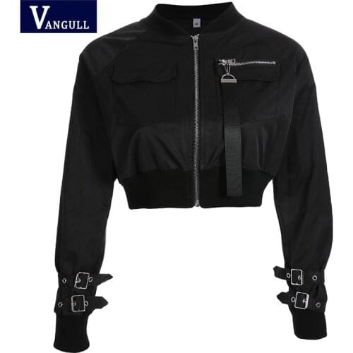 Vangull Outerwear Coat Bomber Jacket Women Patch Long Sleeve Autumn Jacket Pocket High Waist Buckle Zipper Streetwear 2021 New