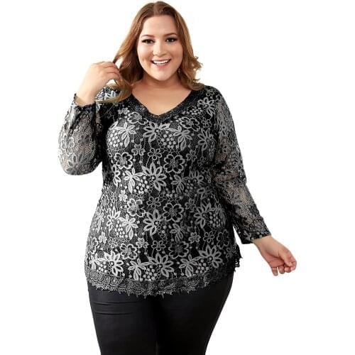 Yitonglian Spring Summer Lace V-neck Plus Size Ladies Blouse Shirt Floral Solid Color Tops