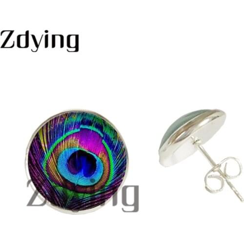 Zdying Fashion Peacock Feather Stud Earring Glass Photo Cabochon Dome Earring For Girl Woman Animal Jewelry Gift FE024