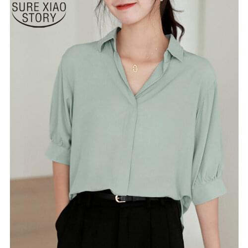 Women Blouse Summer 2021 Casual Short Sleeve Plus Size Loose V-neck Chiffon Shirts Women Solid Pullover Clothing Blusas 10183