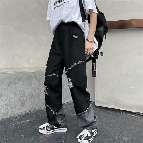 Womens Jeans 2021 Retro High Street Ripped Stitching Design Y2K High Waist Casual Loose Straight Trousers Streetwear