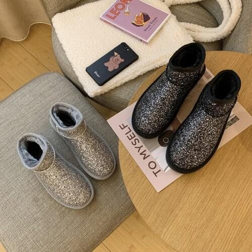 Winter Female ankle boot Silver snow boot Shiny Flash Bling women girl fur Plus velvet warm cotton shoes flat boots U11-45