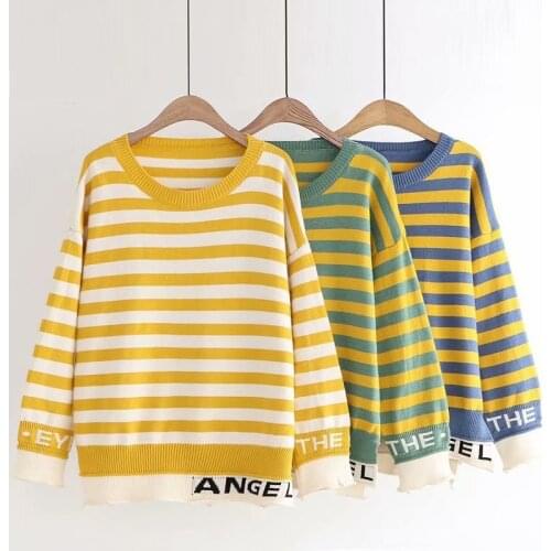 2020 Autumn Winter Korean Style Contrast Color Sweater Women Long Sleeve Jumper Stripe Sweater And Pullover Knitted Pull Femme