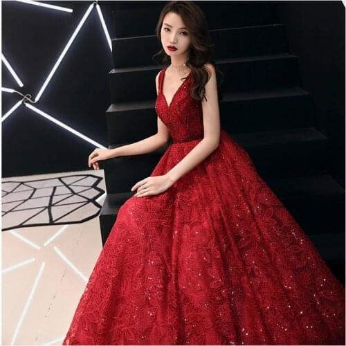 Beauty Emily Red Evening Dresses 2019 Long V Neck Banquet Section Elegant Party Annual Prom Dresses