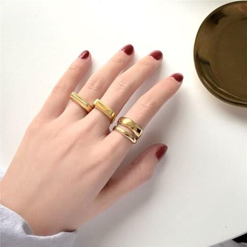 New 925 Sterling Silver INS Minimalist Geometric Rectangle Ring Glossy Opening Adjustable Golden Rings For Women Girls Jewelry