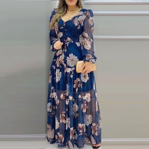 2021 Summer Women Casual Loose Beach Wear Boho Style Long Sleeve Dress Floral Print Lantern Sleeve V-Neck Chiffon Maxi Dress